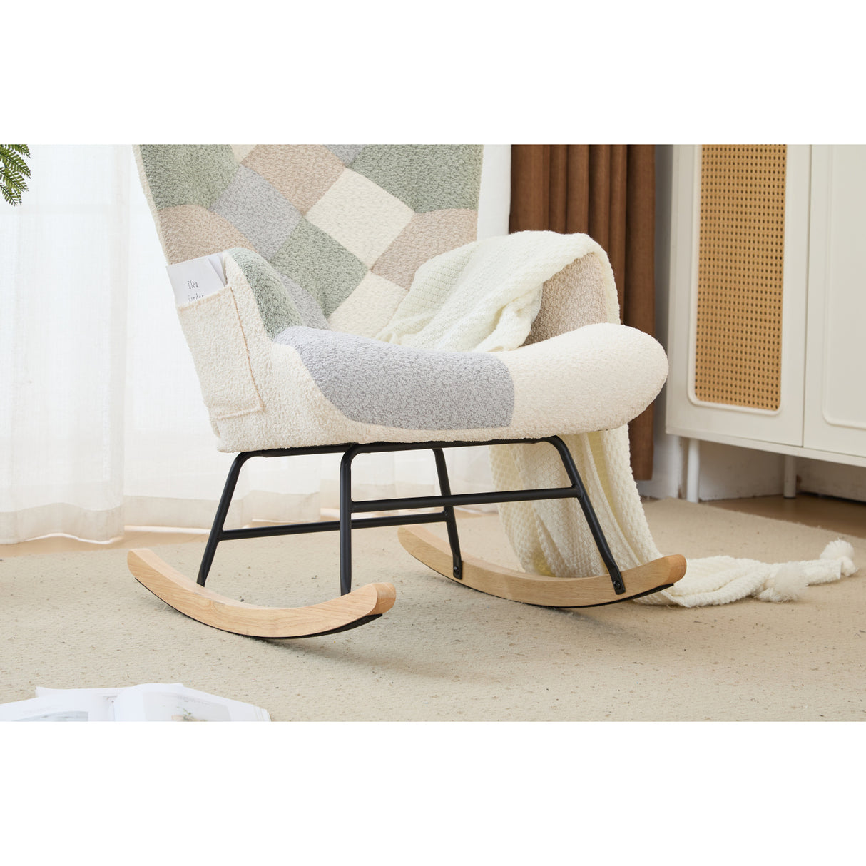 Patchwork Teddy Fleece Upholstered High Back Rocking Chair | OROA Kids