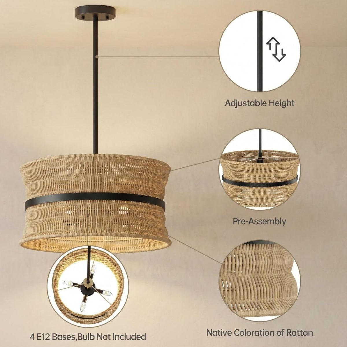 4-Light Coastal Rattan Pendant Light | OROA