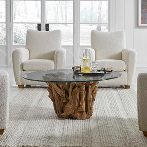   Teak Base Glass Coffee Table | Oroa.com