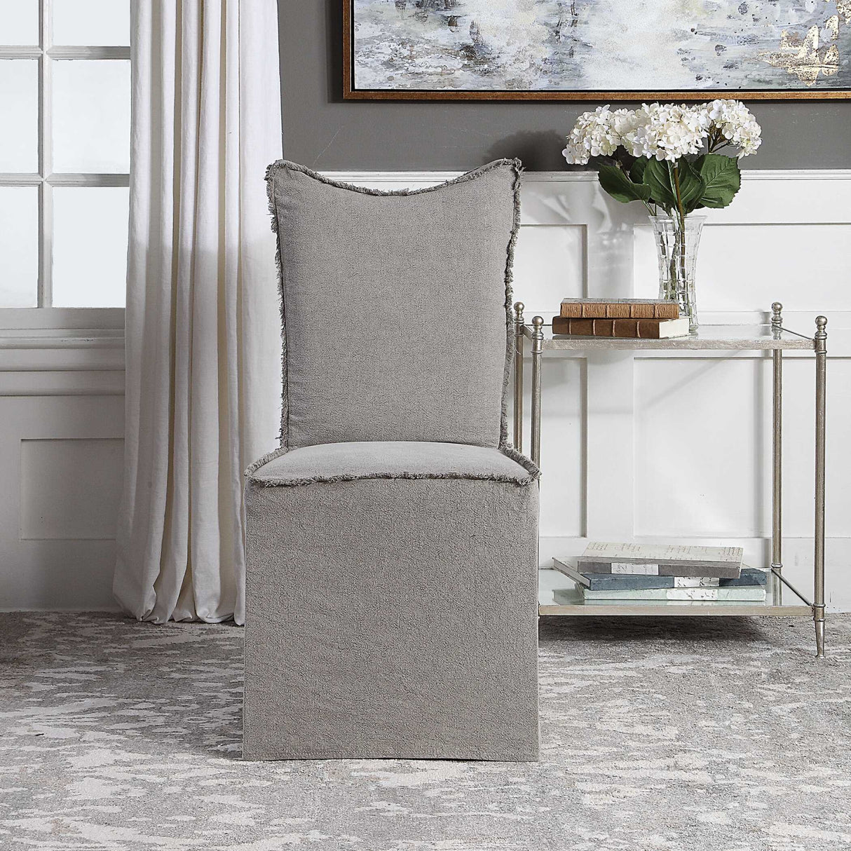   Gray Linen Fringed Dining Chairs (2) | Oroa.com