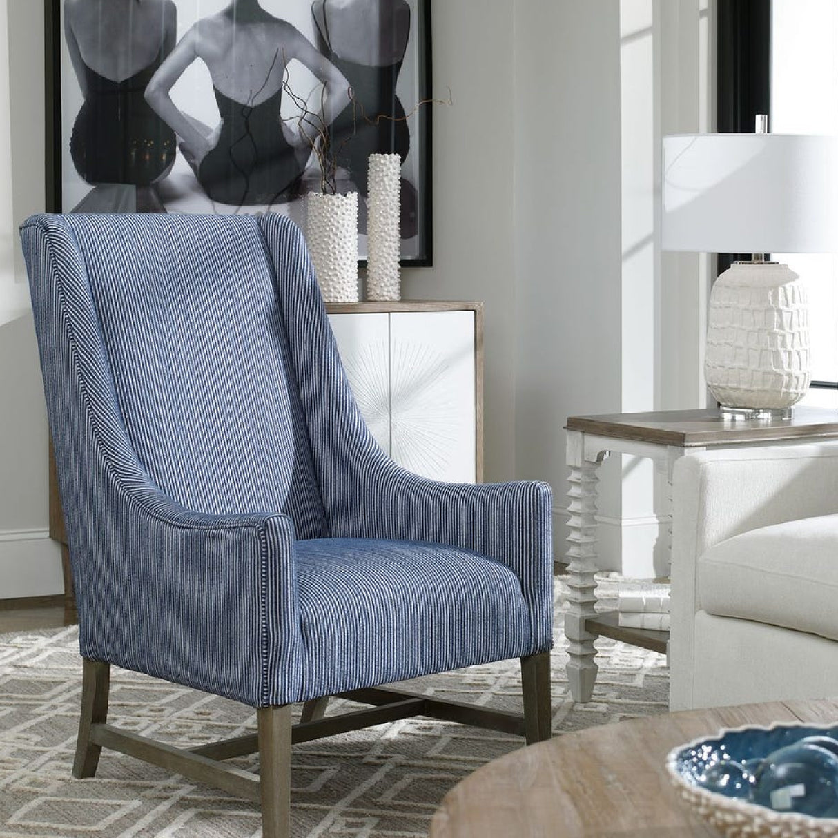   Blue Stripes High-Back Accent Chair | Oroa.com
