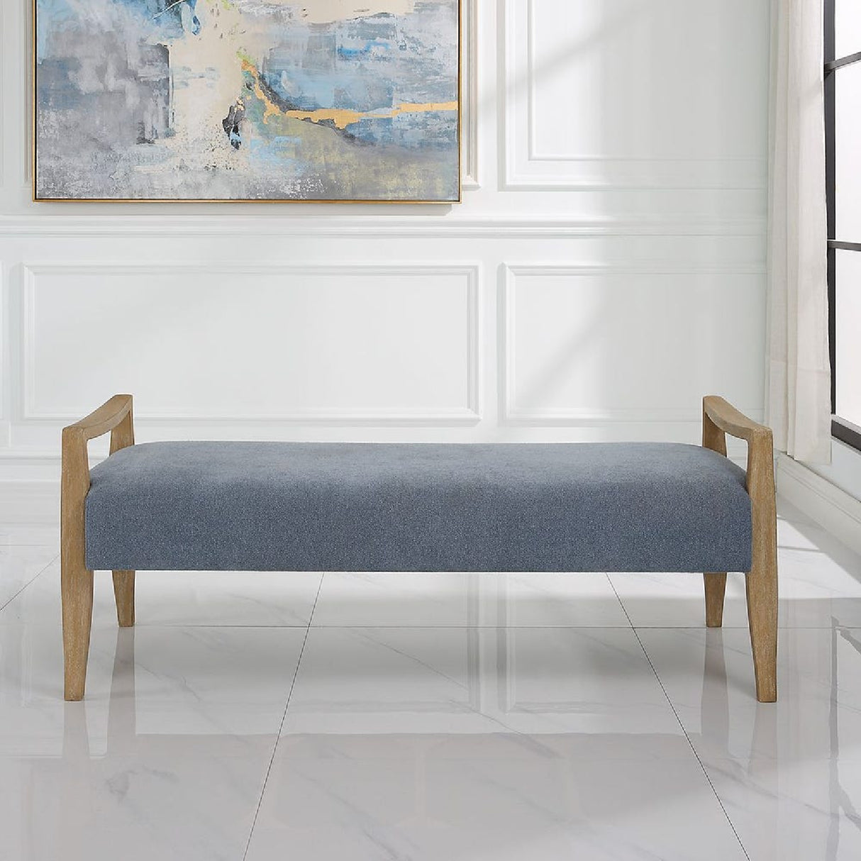   Wood Framed Blue Fabric Bench | Oroa.com