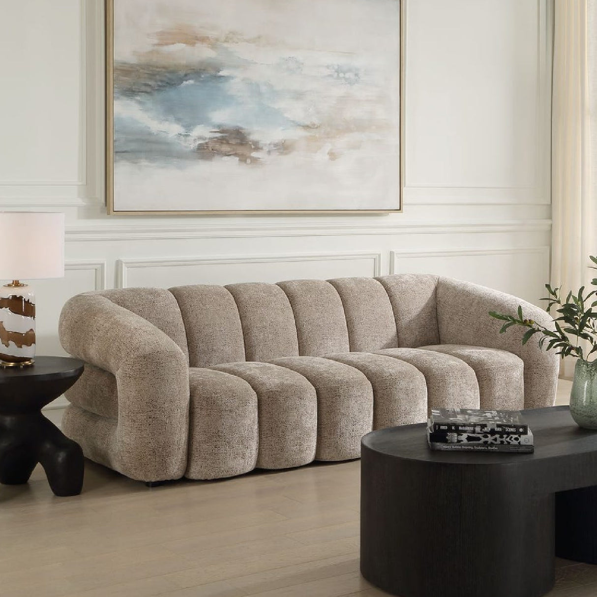   Beige Chenille Channeled Sofa | Oroa.com