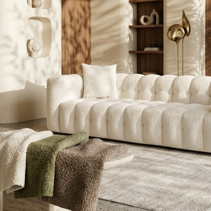 OROA living room featuring a curved sofa with tactile bouclé upholstery swatches in warm ivory, moss green, and tobacco tones, set within a richly layered Curved & Organic Modern interior with curved architecture, natural stone, warm wood, and soft sunlight.
