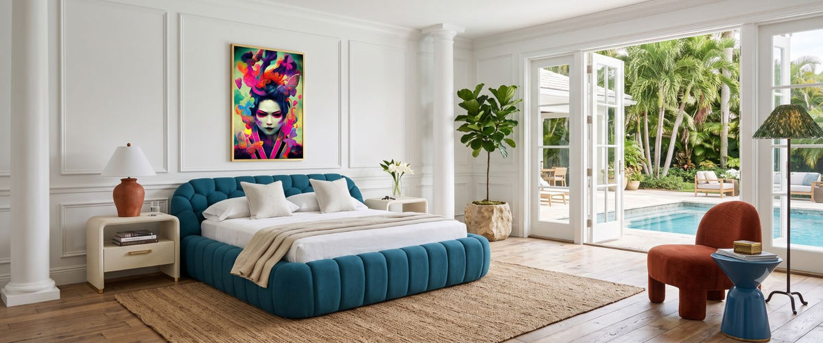 Miami Art Deco bedroom by OROA featuring sculptural furniture, bold details, and refined geometric design.