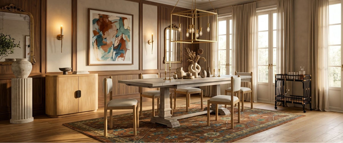 Past Meets Present dining room featuring OROA furniture with vintage influences and modern design elements.