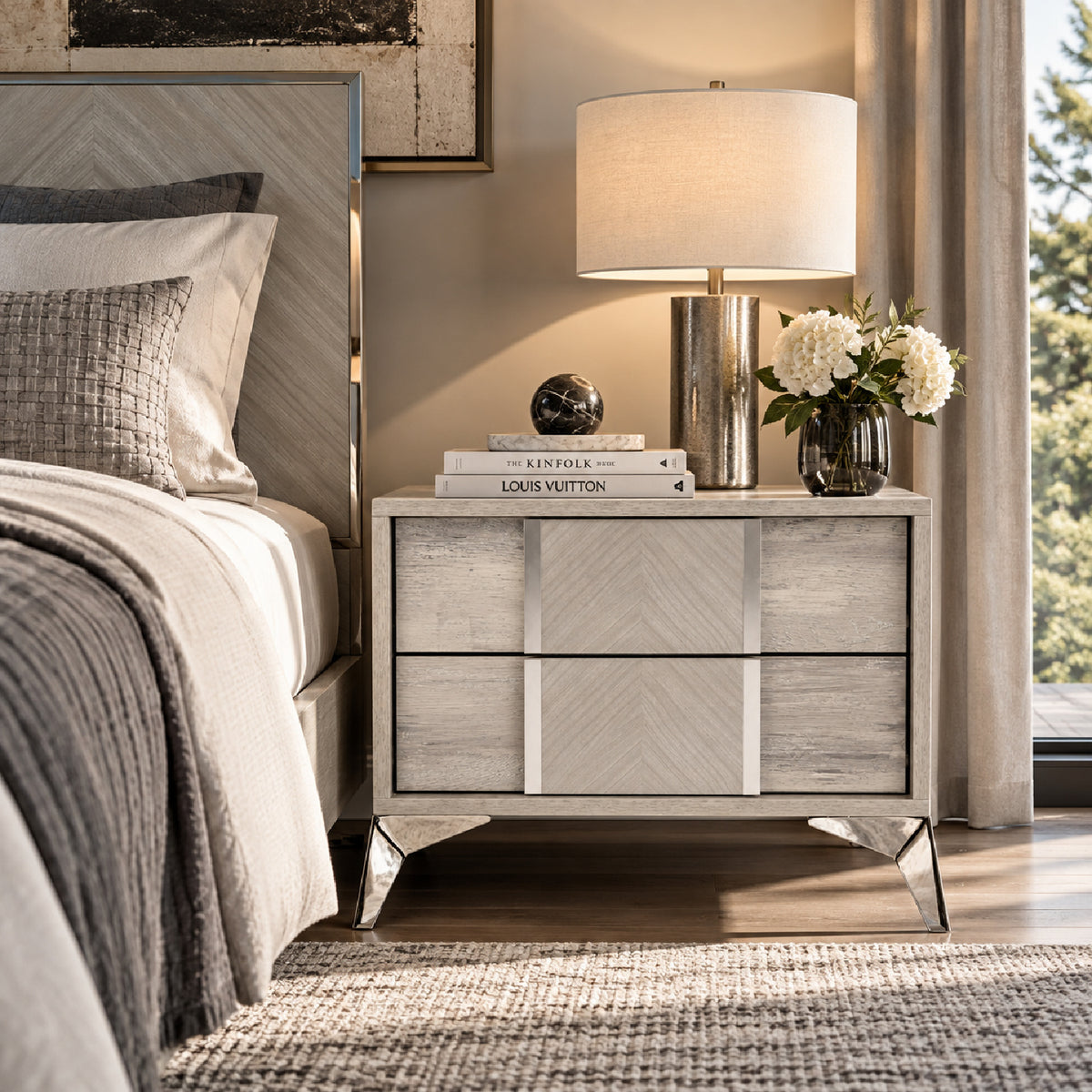 Gray Wooden 2-Drawer Nightstand | OROA Modern Alexa