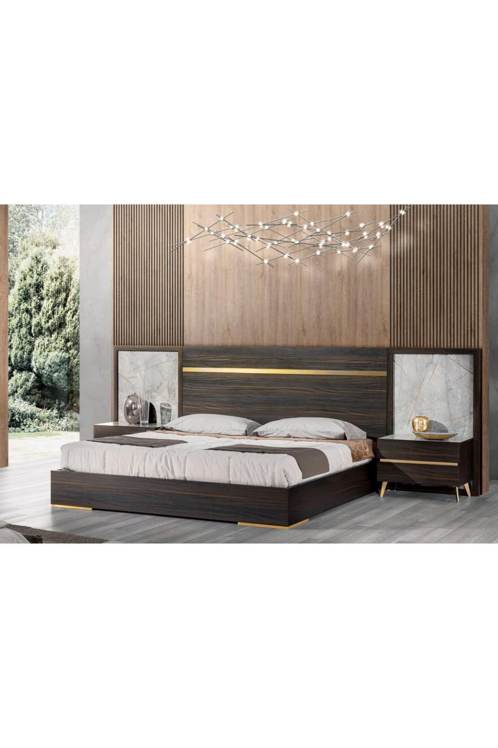 Velondra - Modern Eucalypto + Marble Bed with Two Nightstands | Oroa.com