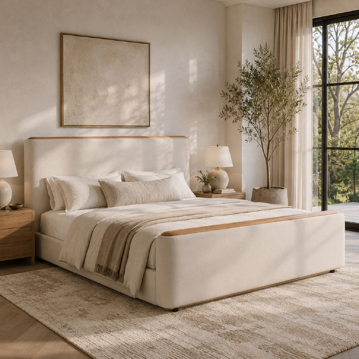 Cream Fabric Modern Eastern King Bed | OROA Modern Mora