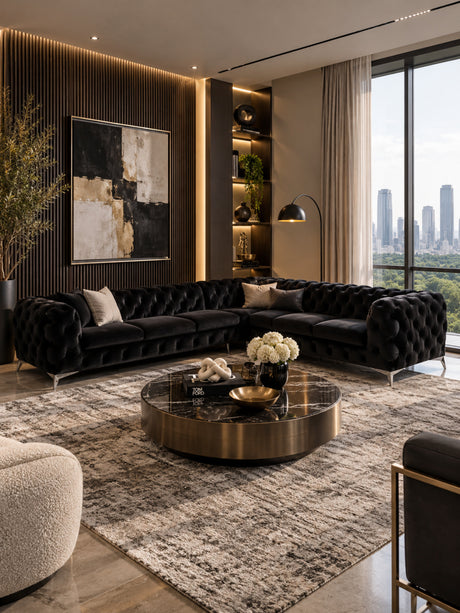 Black Velvet Tufted Sectional Sofa | OROA Modern Delilah