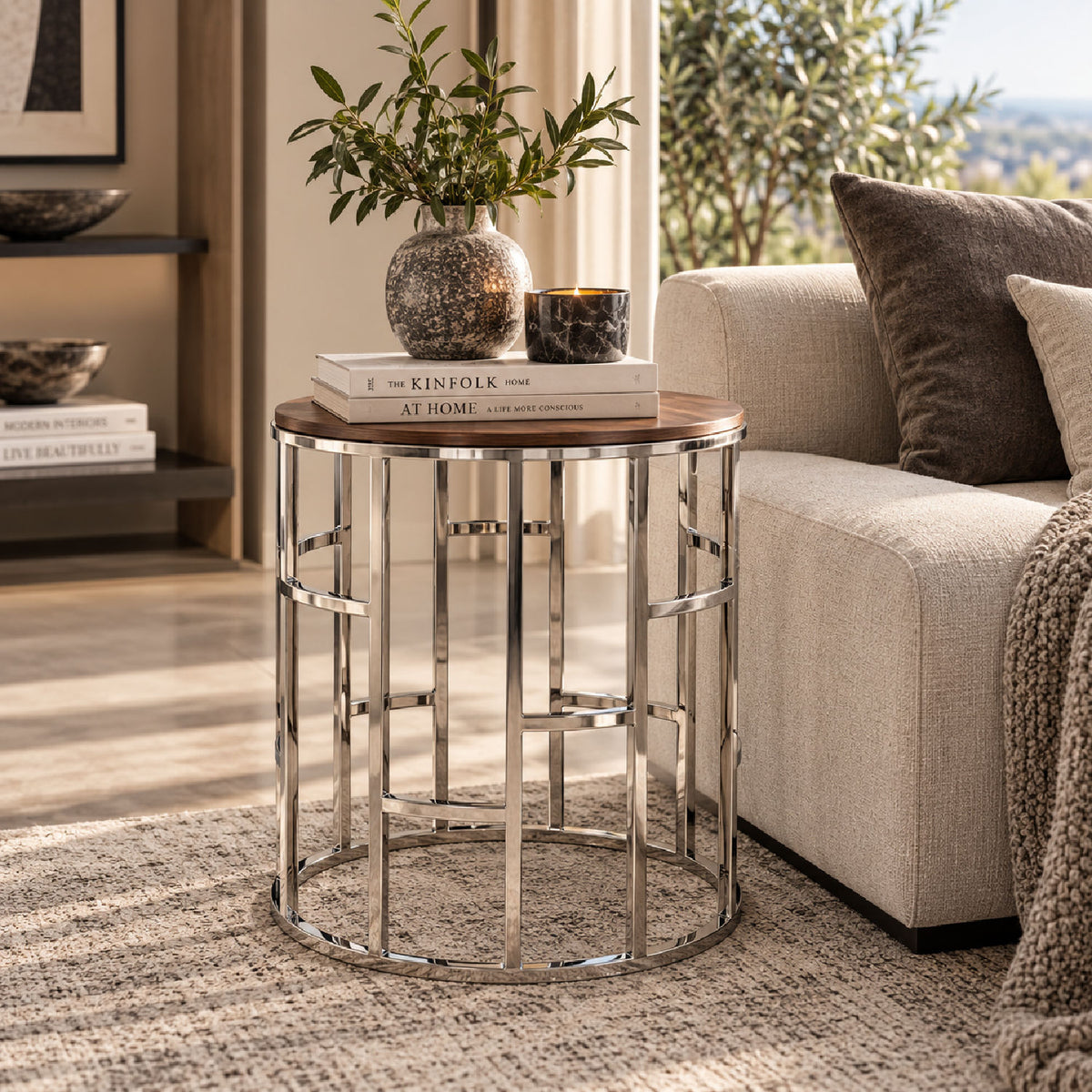 Walnut & Stainless Steel End Table | OROA Modern Silvia