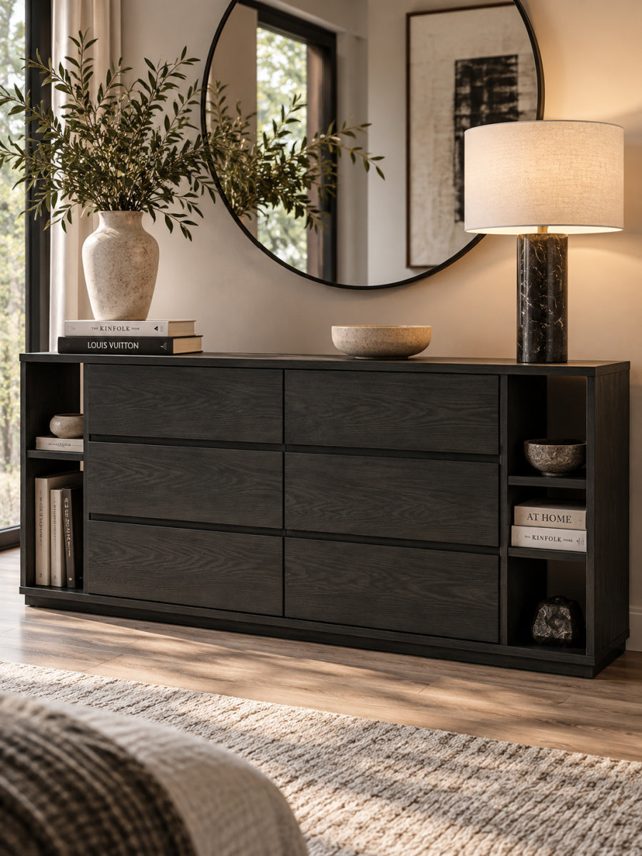 Gray 6-Drawer Dresser with Bookshelves | OROA Modern Jagger
