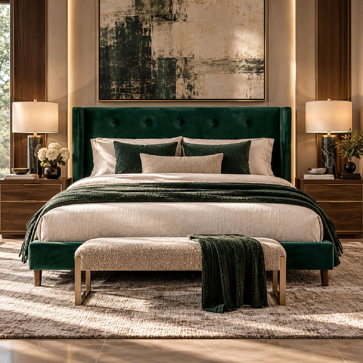 Modern European furniture - Green Velvet Tufted Bed - www.oroa.com