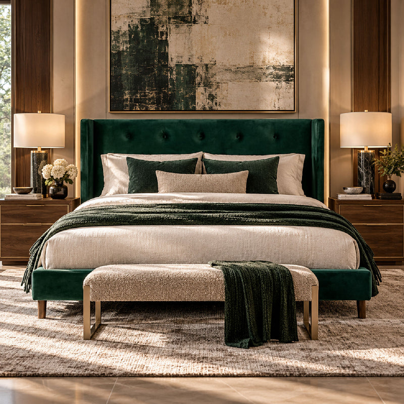Modern European furniture - Green Velvet Tufted Bed - www.oroa.com