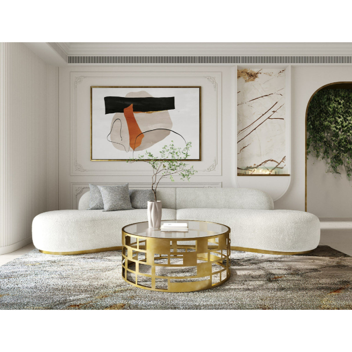   White Curved Sofa with Beige Pillows | Oroa.com