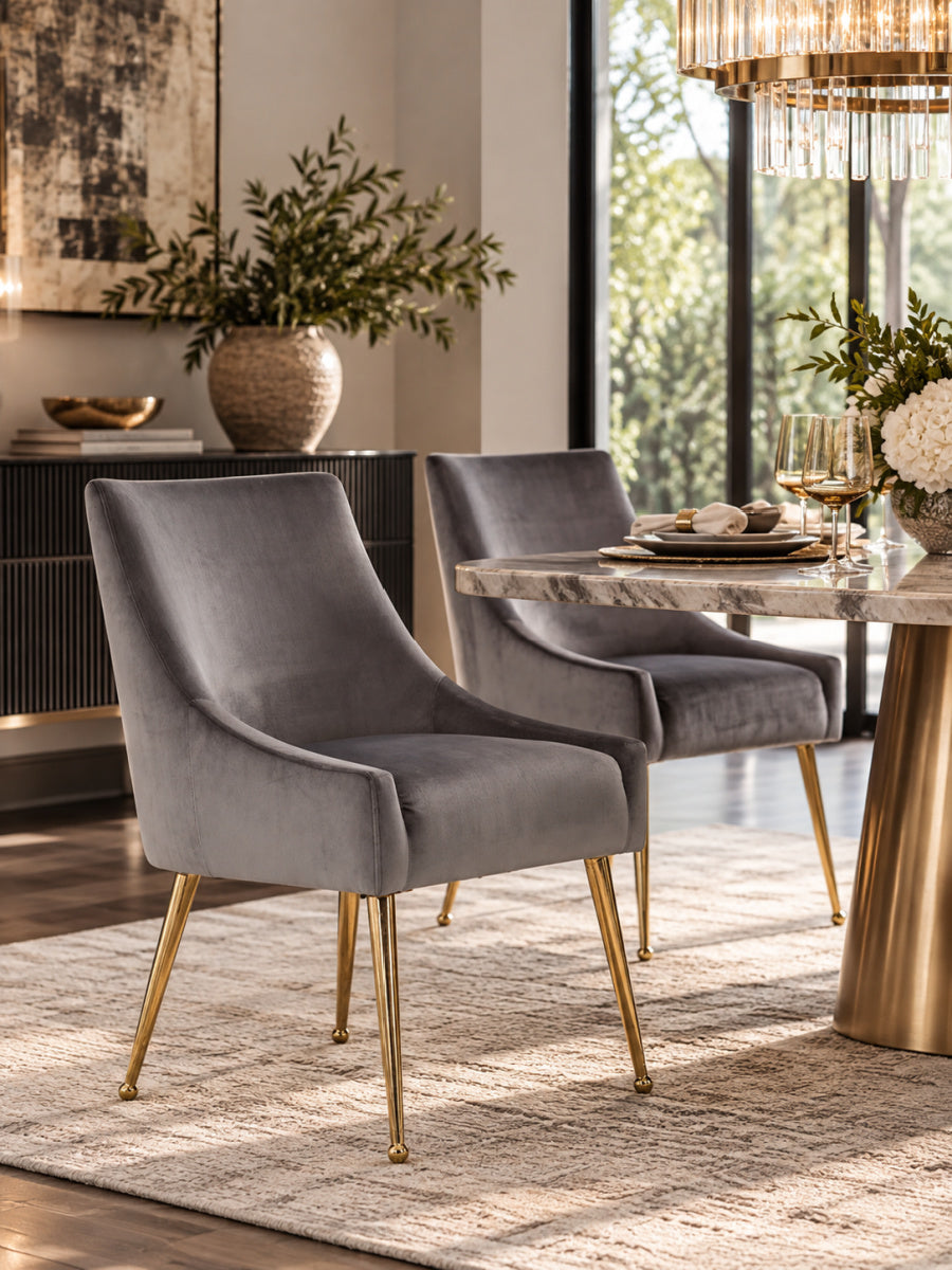 Gray Velvet & Gold Dining Chairs (2) | OROA Modern Castana