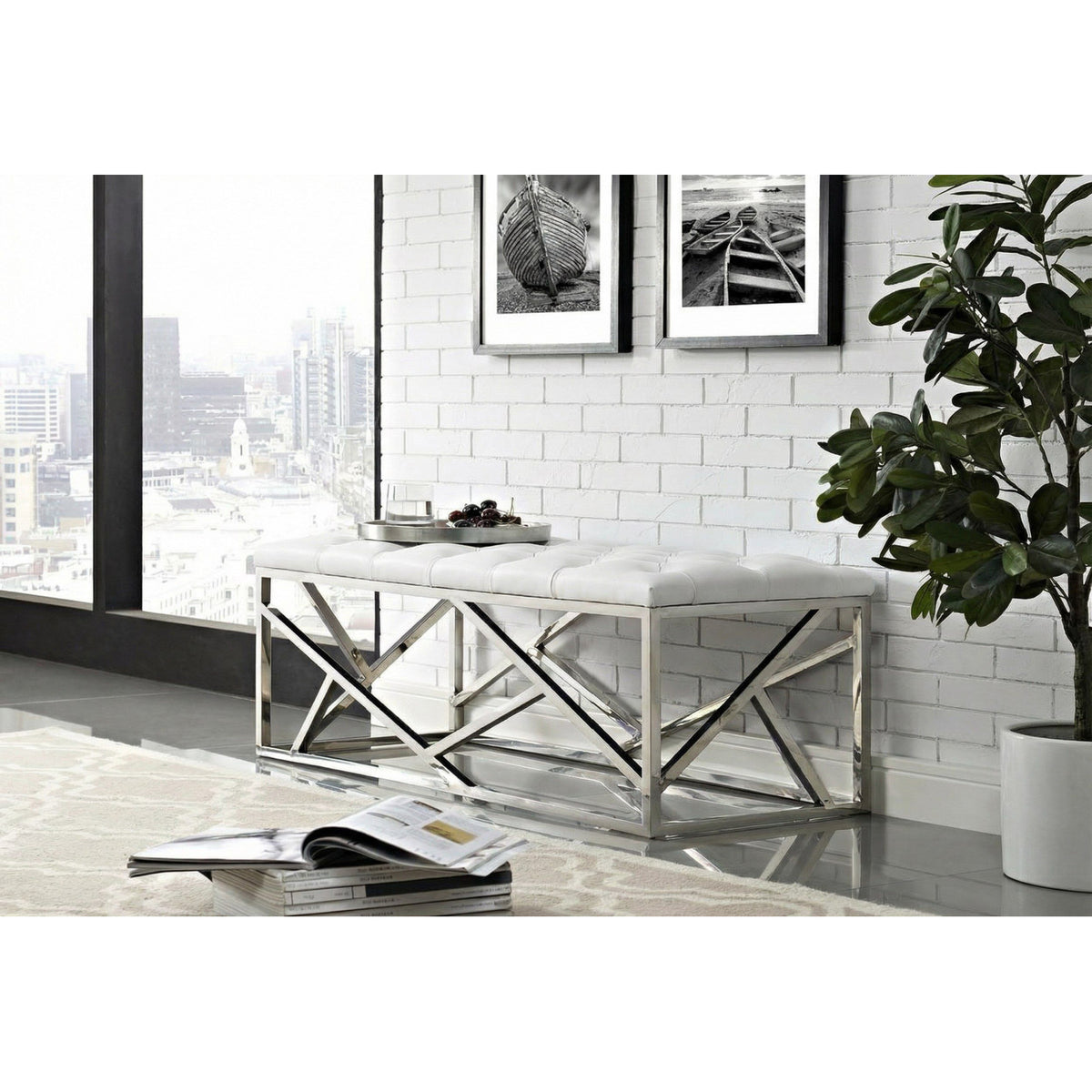 Tufted White Vegan Leather Bench | OROA Modern Lindsey