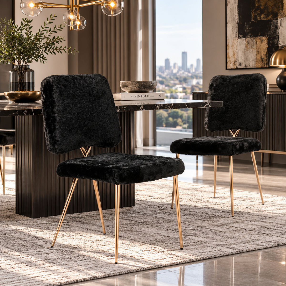 Black Fur Look Dining Chairs (2) | OROA Modern Candace