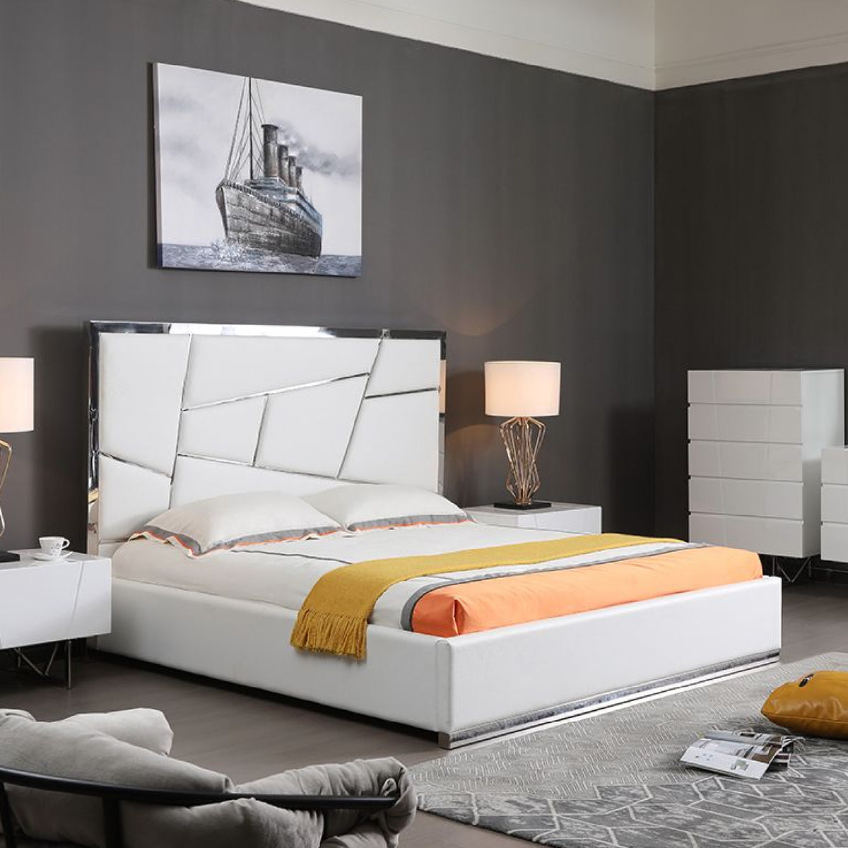 Modern European furniture - White Bonded Leather Bed - www.oroa.com