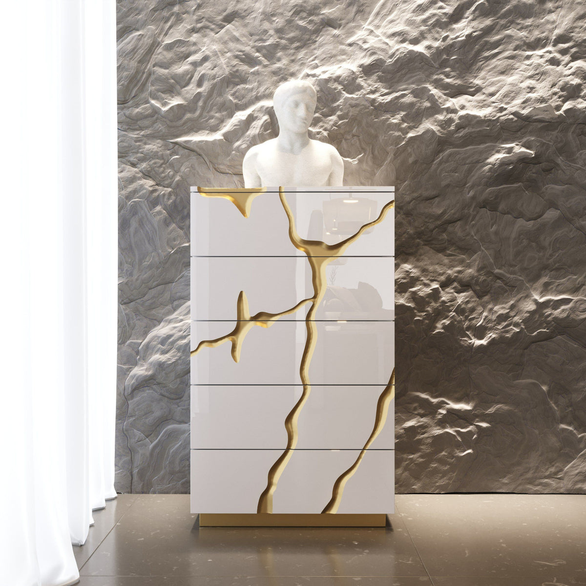 White & Gold 5-Drawer Chest | OROA Modern Aspen
