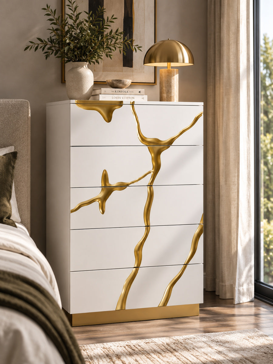 White & Gold 5-Drawer Chest | OROA Modern Aspen