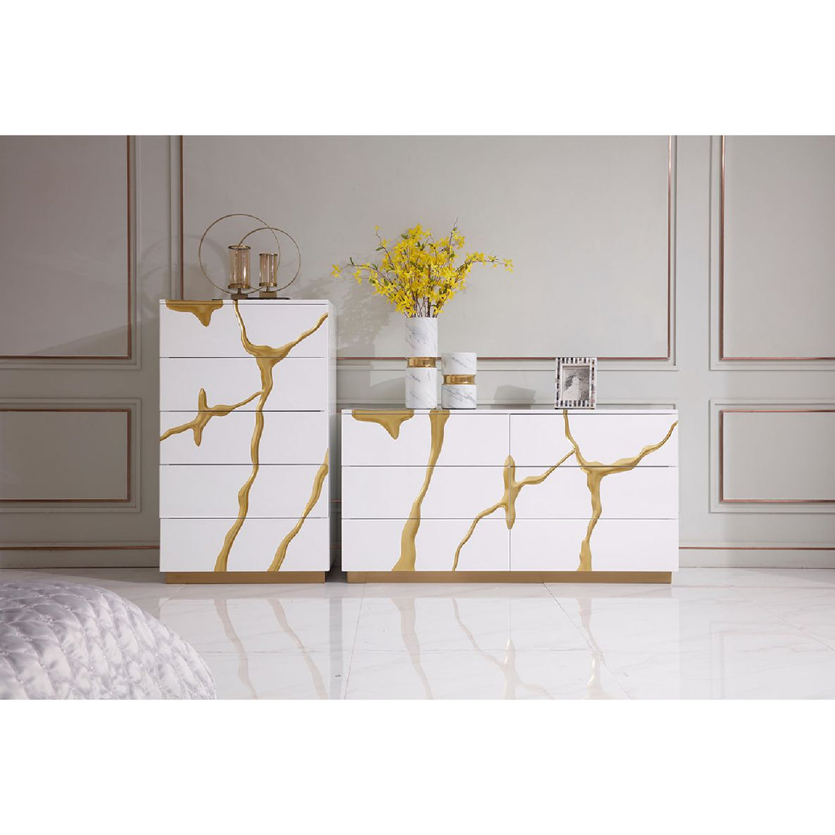 White & Gold 5-Drawer Chest | OROA Modern Aspen
