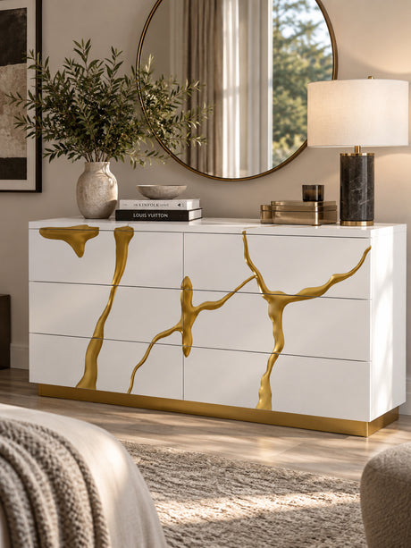 White & Gold 6-Drawer Dresser | OROA Modern Aspen