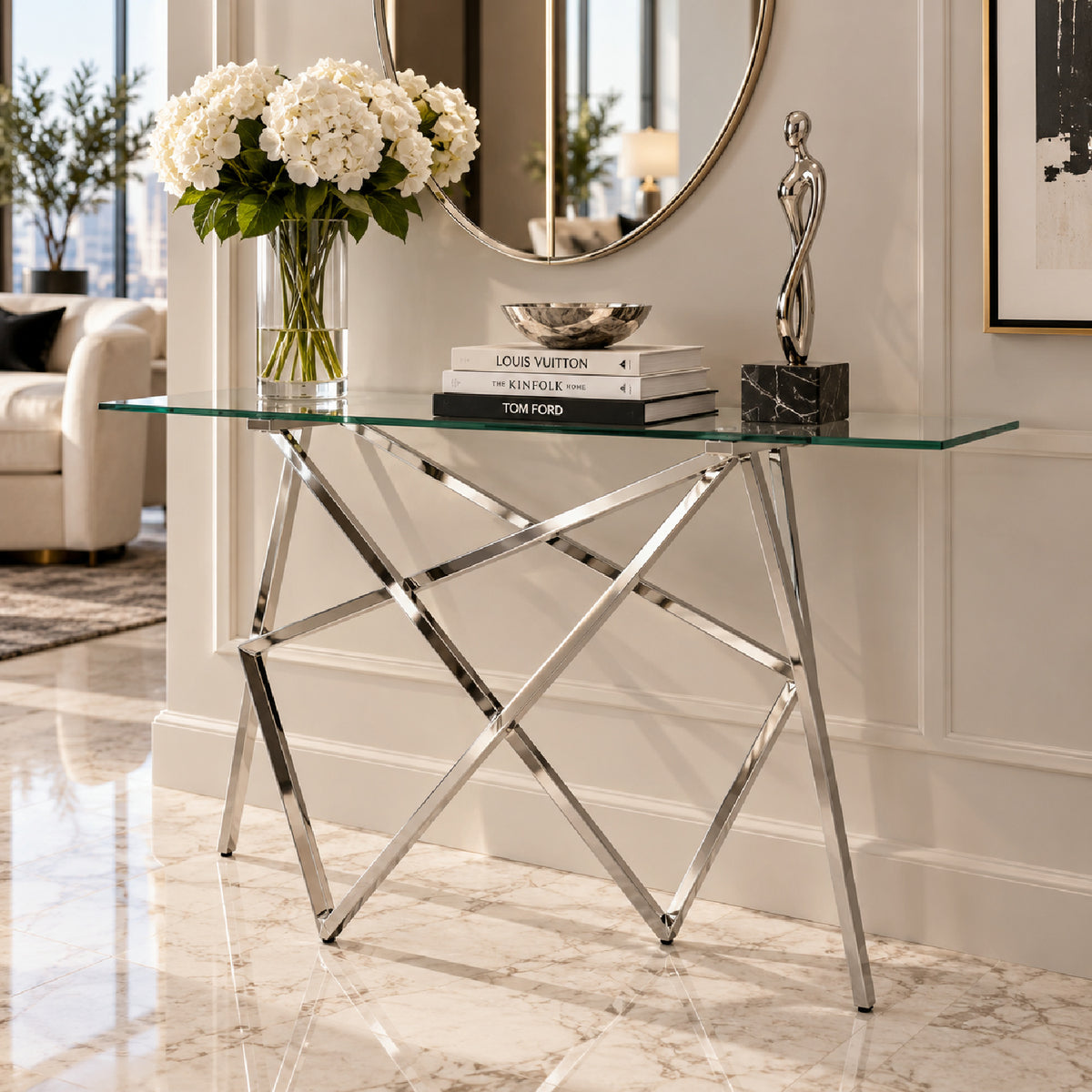 Glass & Stainless Steel Console Table | OROA Modern Hawkins