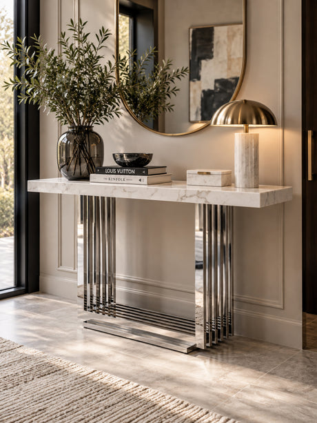 White Marble & Stainless Steel Console Table | OROA Modern Kingsley