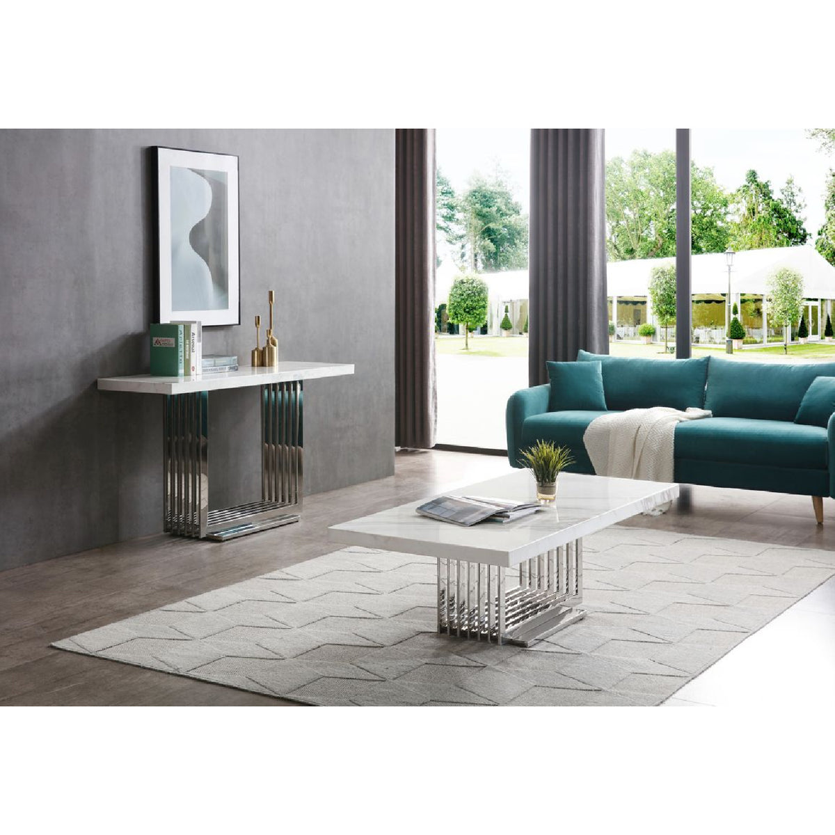 White Marble & Stainless Steel Console Table | OROA Modern Kingsley