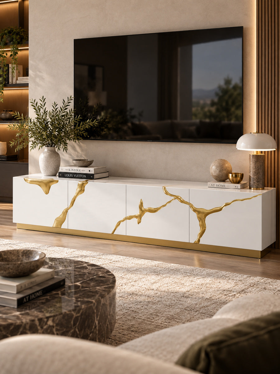 White & Gold 4-Door TV Stand | OROA Modern Aspen
