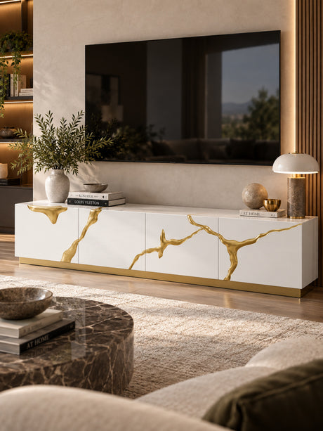 White & Gold 4-Door TV Stand | OROA Modern Aspen