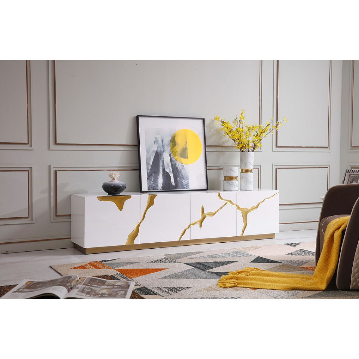 White & Gold 4-Door TV Stand | OROA Modern Aspen