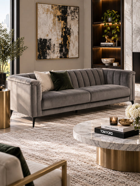 Gray Velvet Channeled Sofa | OROA Modern Jeremy