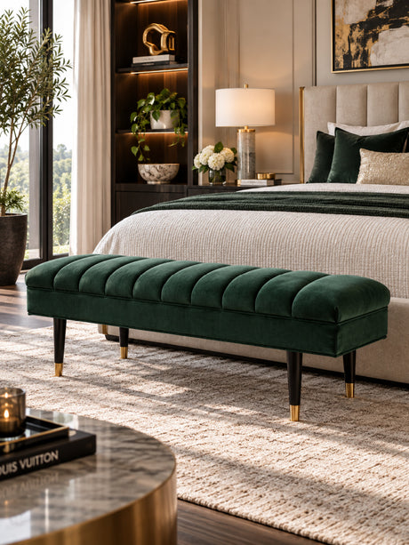 Channeled Green Velvet Bench | OROA Modern Ritner