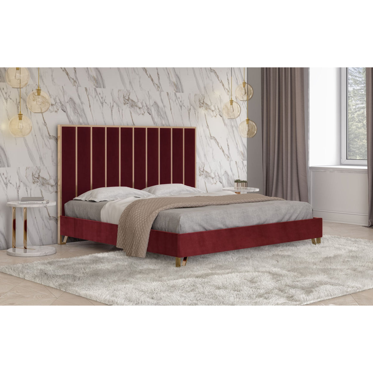 Red Velvet Eastern King Bed | OROA Modern Reyes