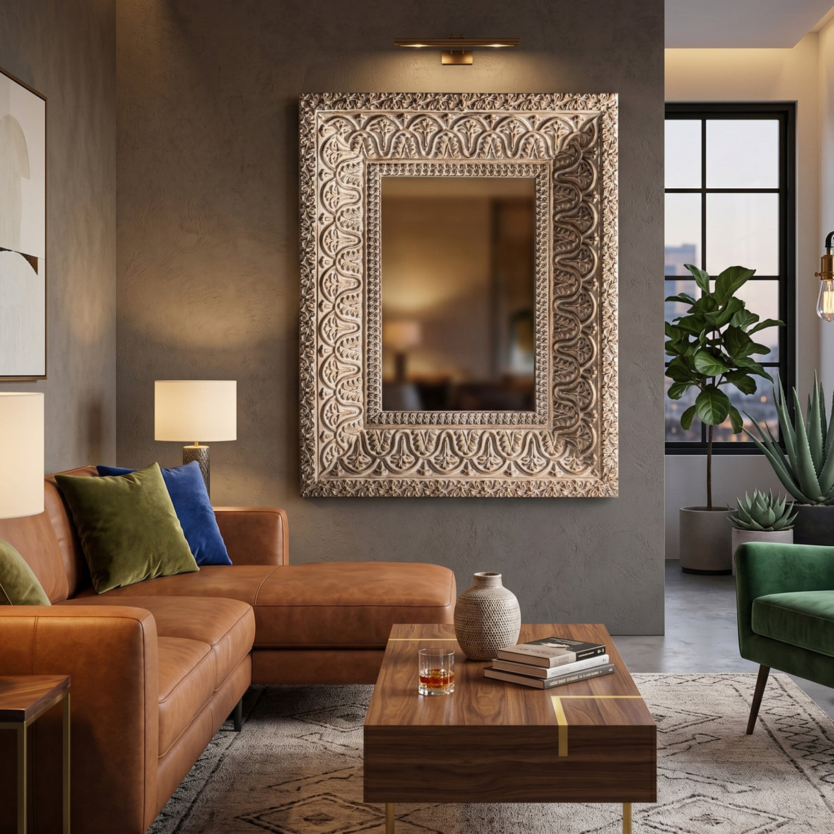   Beige Oriental Carved Mirror | Oroa.com
