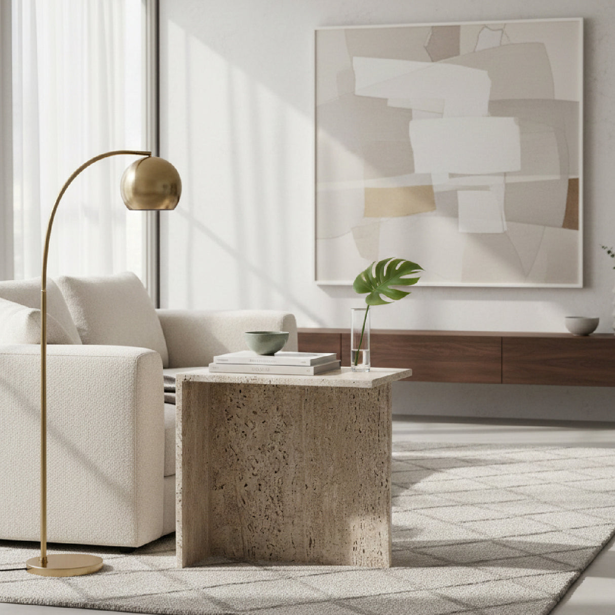   Beige Travertine Side Table | Oroa.com