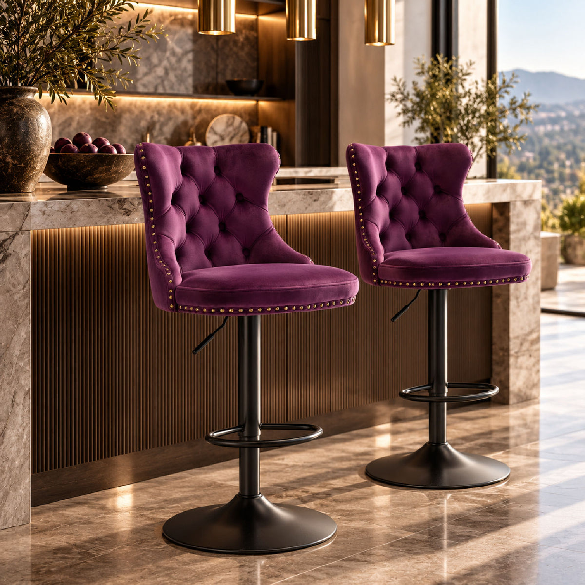Purple Adjustable Swivel Velvet Bar Stools (2) | OROA