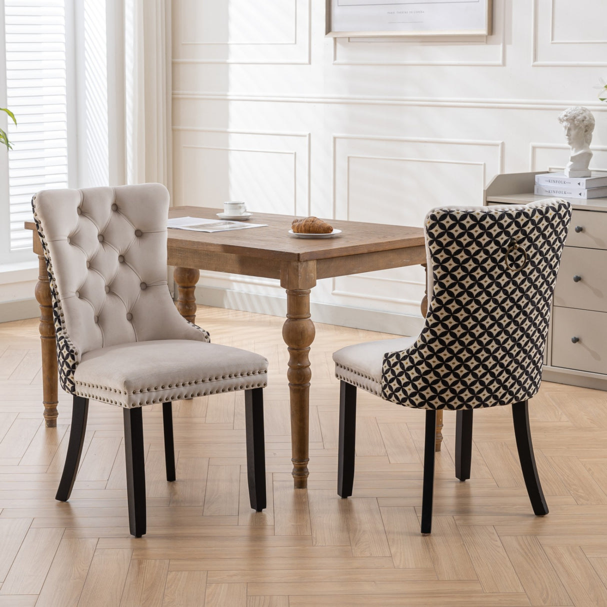 Beige Velvet Tufted Dining Chair Set (2) | OROA