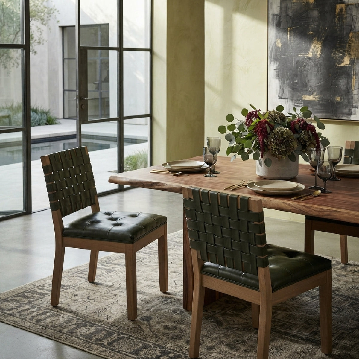 Hunter Green Woven PU Leather Dining Chairs (2) | OROA