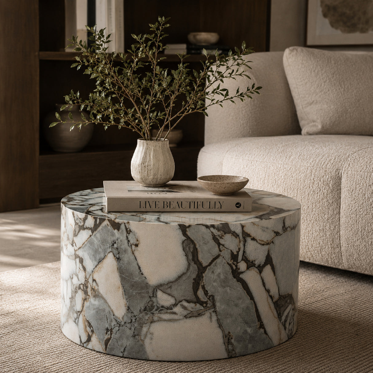 White Marble Cylindrical Coffee Table | OROA