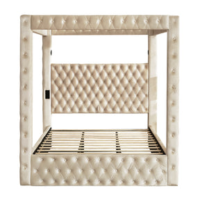 Modern European furniture - Beige Velvet Upholstered Queen Size Canopy Bed Frame - www.oroa.com