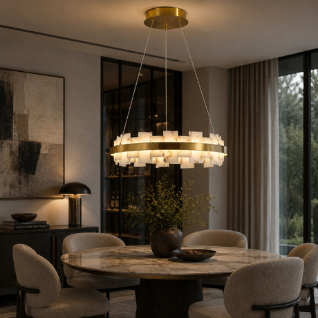 Modern European furniture - Round Alabaster Chandelier with Gold Frame - www.oroa.com