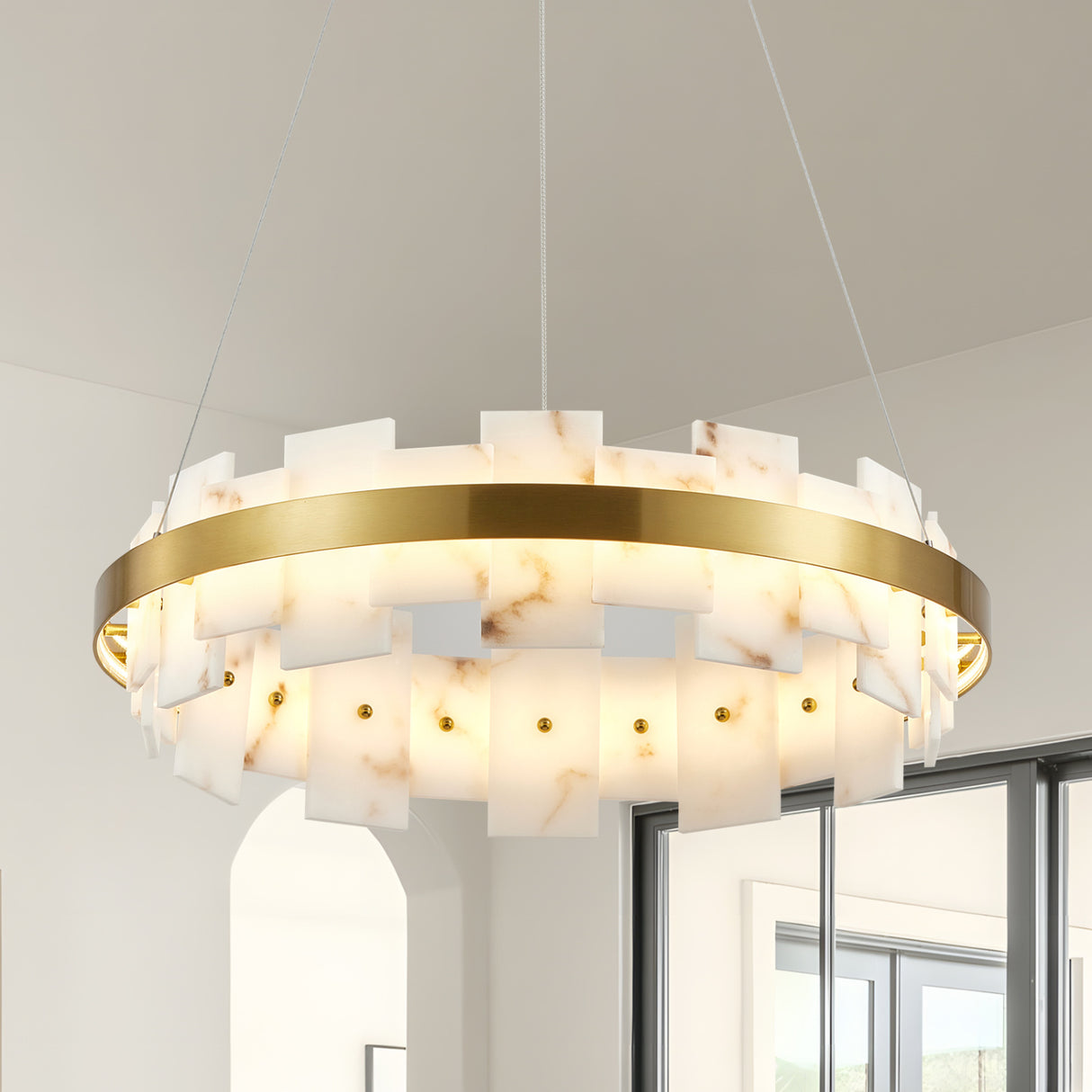 Modern European furniture - Round Alabaster Chandelier with Gold Frame - www.oroa.com