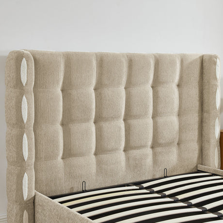 Queen Chenille Wingback Upholstered Gas Lift Bed | OROA
