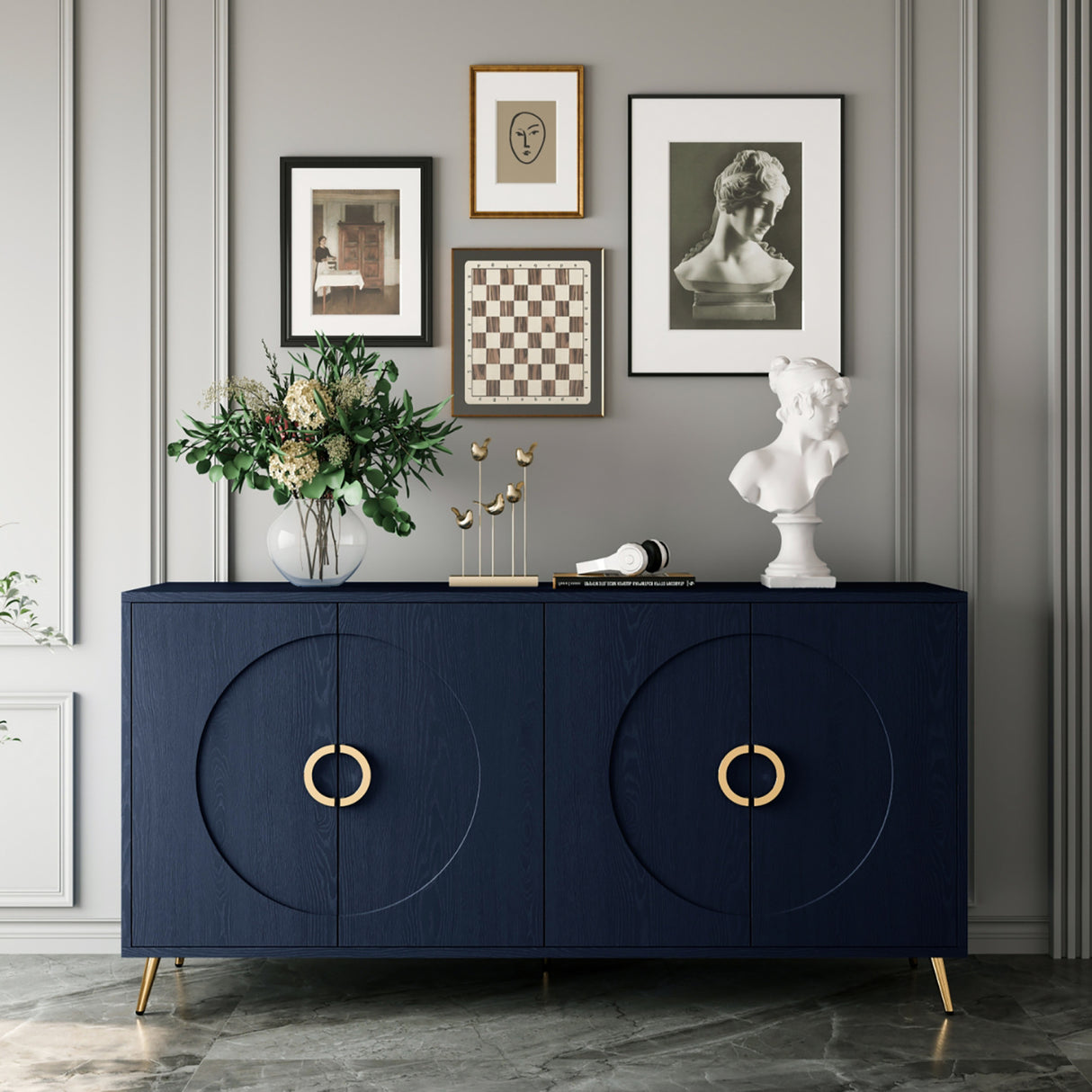 Modern Navy Blue Lacquered Wooden Sideboard Cabinet | OROA