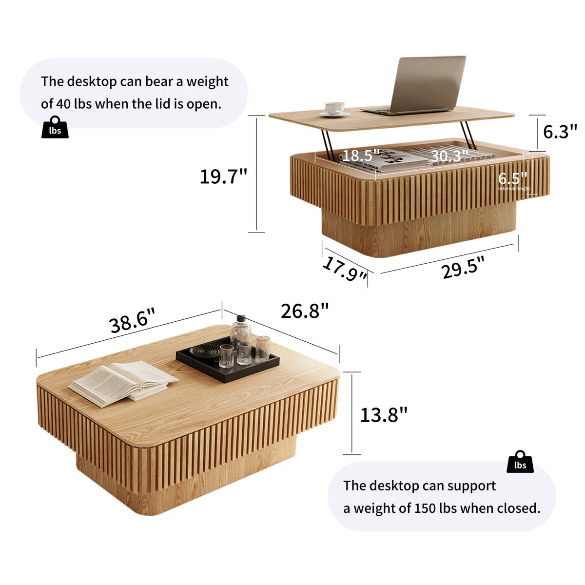 Fluted Natural Wood Lift-Top Coffee Table | OROA