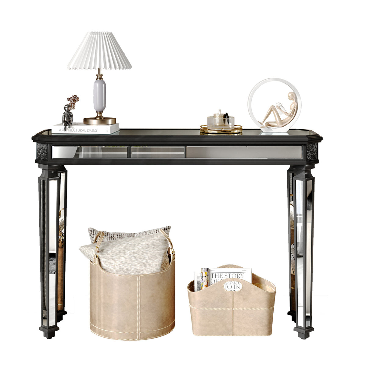 Modern European furniture - Black Vintage Wood Mirror Console Table - www.oroa.com
