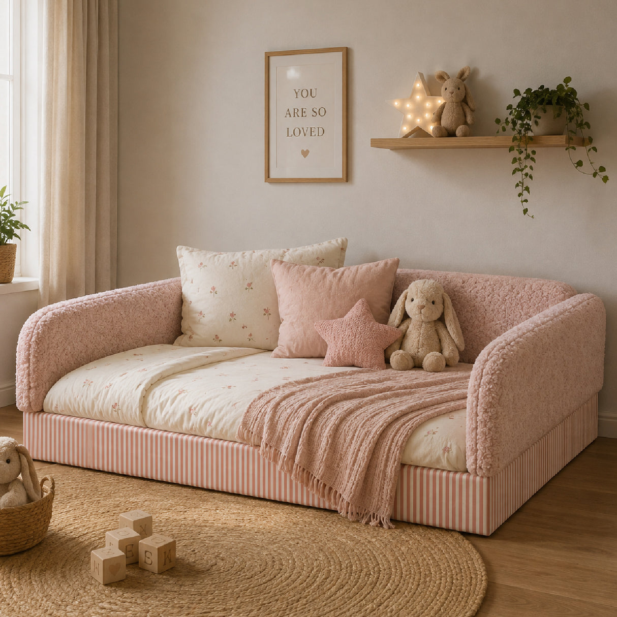 Full Size Upholstered Teddy Fleece Floor Bed Frame for Kids | OROA Kids
